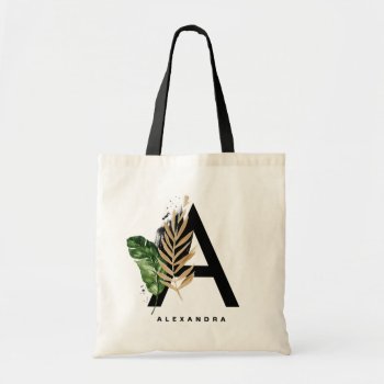 Letter A Monogram Gold Foil Tropical Personalized Tote Bag by KeikoPrints at Zazzle