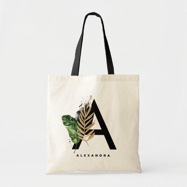  Letter A Monogram Gold Foil Tropical Personalized Tote Bag (Front)