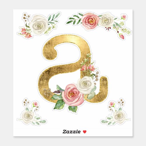 Letter A Monogram Gold Rose Floral Watercolor Sticker