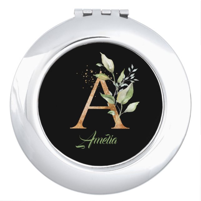 Letter A monogram greenery eucalyptus gold  Compact Mirror (Front)
