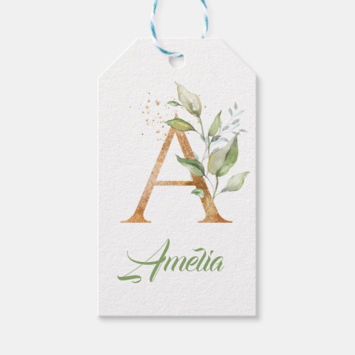 Letter A monogram greenery eucalyptus gold Gift Tags