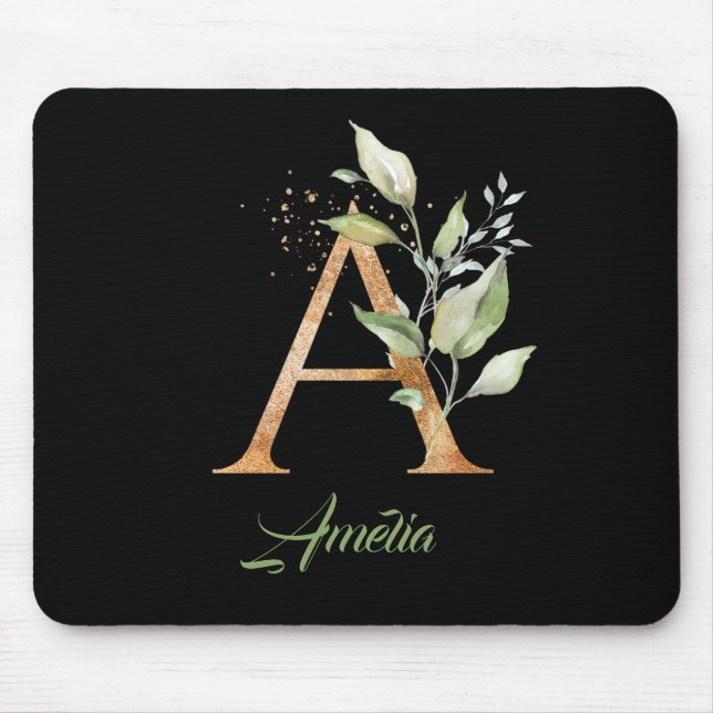 Letter A monogram greenery eucalyptus gold  Mouse  Mouse Pad (Front)