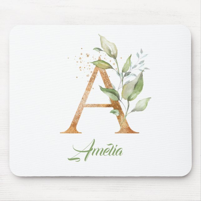Letter A monogram greenery eucalyptus gold  Mouse Pad (Front)