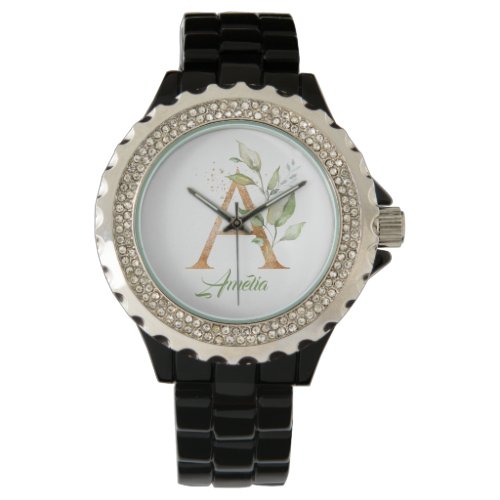 Letter A monogram greenery eucalyptus gold  Watch