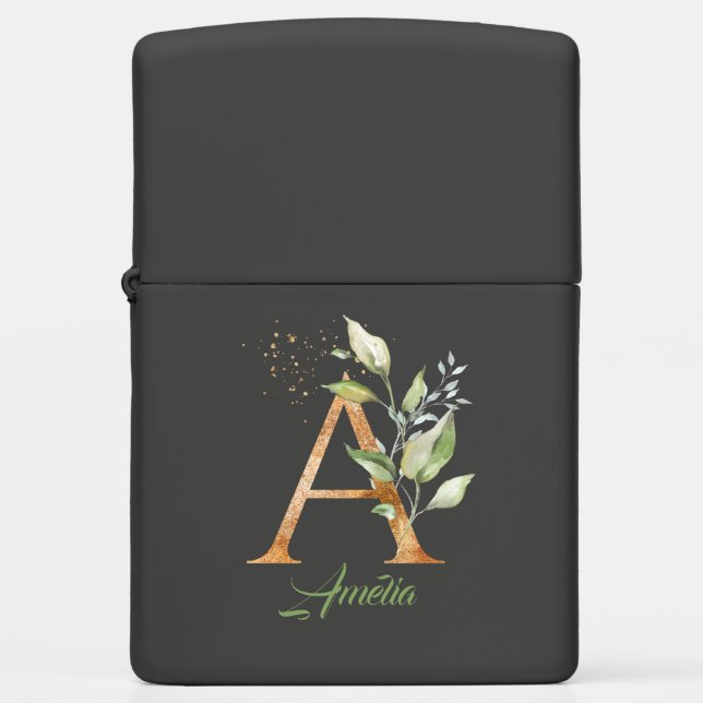 Letter A monogram greenery eucalyptus gold Zippo Lighter (Front)