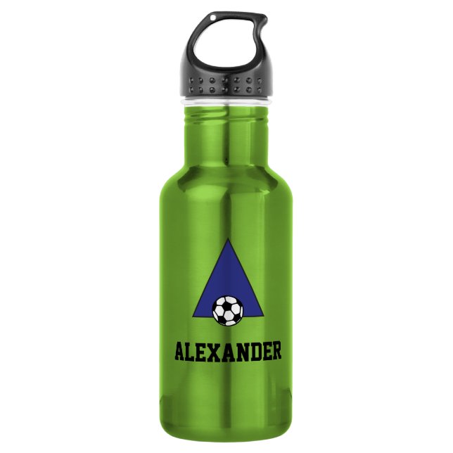 Letter A Monogram in Soccer Blue Water Bottle (Front)