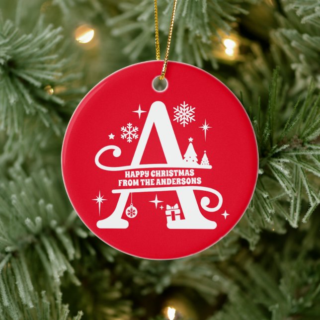 Letter A Monogram Initial Family Name Greeting Ceramic Ornament (Tree)