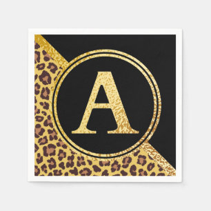 Letter A Monogram Leopard Print Gold and Black Napkins