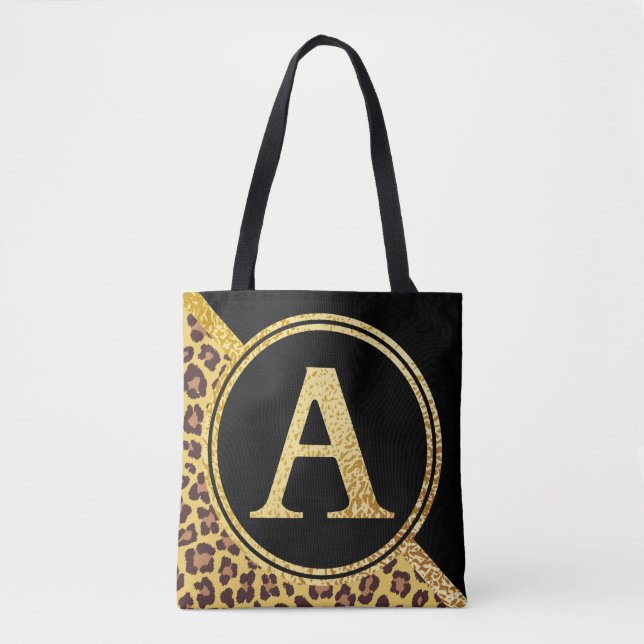 Letter A Monogram Leopard Print Gold and Black Tote Bag (Front)