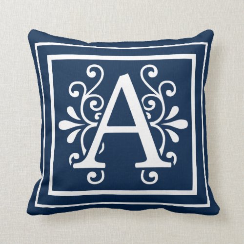 Letter A Monogram Navy Blue White Throw Pillow