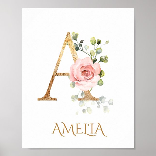 Letter A Monogram Pink Peach rose Nursery Poster (Front)