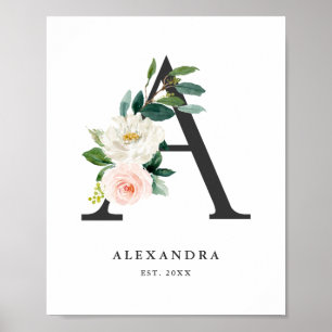 Letter A Monogram Watercolor Peach Florals Nursery Poster