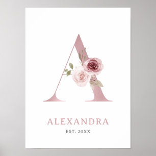 Letter A Monogram Watercolor Rose Florals Nursery  Poster