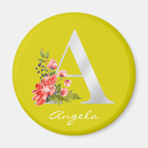 Letter A Name Floral White Metallic Monogram Magnet