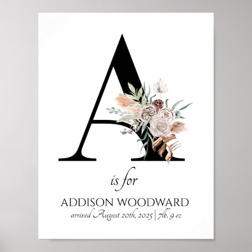 Letter A New Baby Floral Monogram Birth Poster
