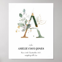 Letter A New Baby Monogram Birth Print Greenery