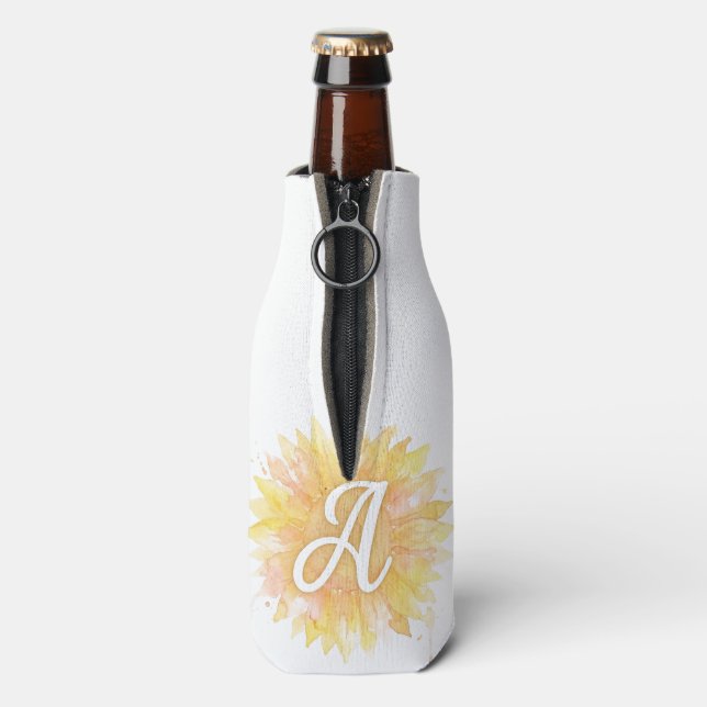 Letter A Sunflower First Name Monogram Initial  Bottle Cooler (Bottle Back)