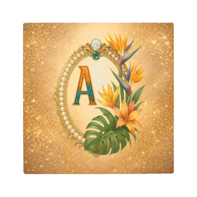 Letter A Tropical Monogram Gold Metal Wall Art (Front)