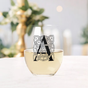 Letter A Vintage Celtic Knot Monogram Stemless Wine Glass