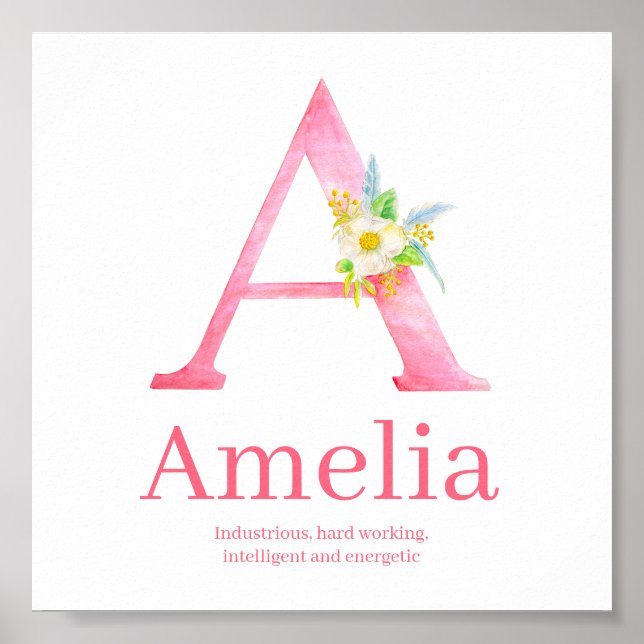 Letter A watercolor art pink Amelia name meaning Poster (Front)