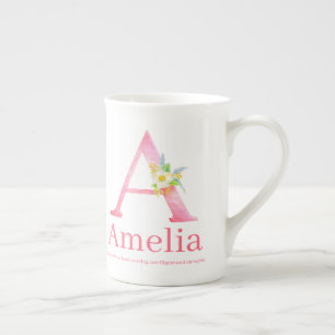 Letter A watercolor boho pink Amelia name meaning Bone China Mug