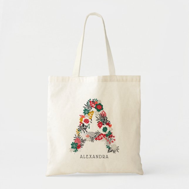 Letter A | Whimsical Floral Letter Monogram I Tote Bag (Front)
