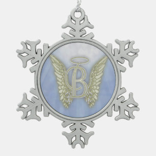 Letter B Angel Monogram Snowflake Pewter Christmas Ornament