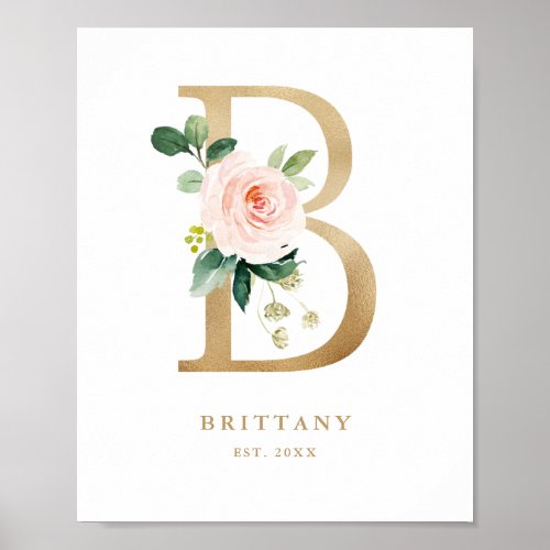 Letter B Blush Floral Monogram Gold Foil Nursery Poster