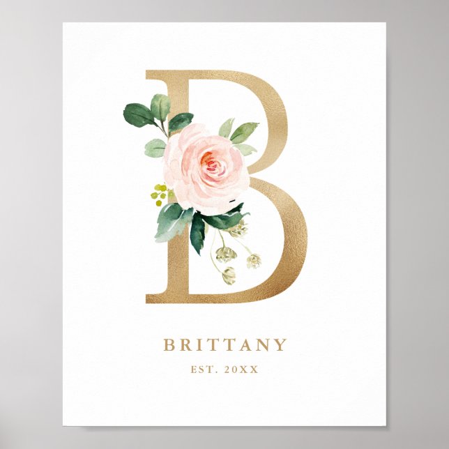 Letter B Blush Floral Monogram Gold Foil Nursery Poster (Front)