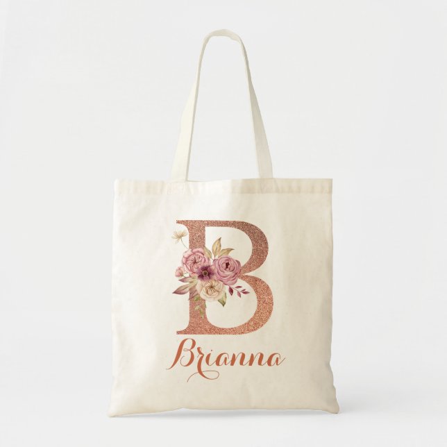 Letter B Blush pink Glitter Floral Monogram  Tote Bag (Front)