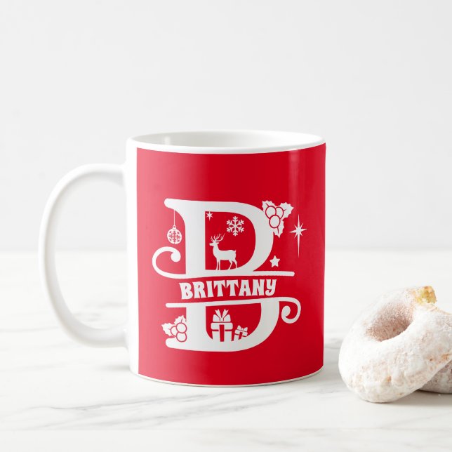 Letter B Christmas Monogram Initial Name Red  Coffee Mug (With Donut)
