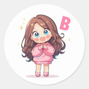 Letter B Cute Kawaii Girl Anime Classic Round Sticker