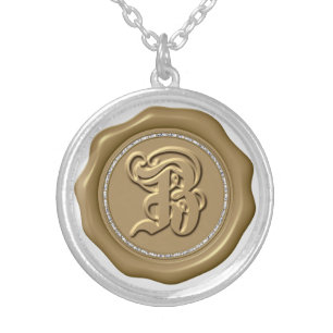 *~* Letter "B" Diamond GOLD Wax Seal Monogram Silver Plated Necklace