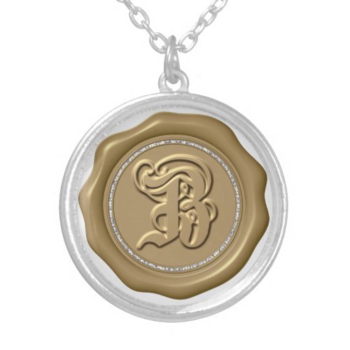 *~* Letter &quot;B&quot; Diamond GOLD Wax Seal Monogram Silver Plated Necklace