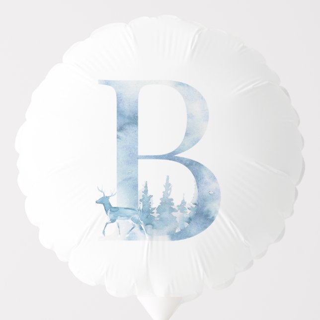 Letter B Dusty Blue Winter Forest Monogram Initial Balloon (Front)