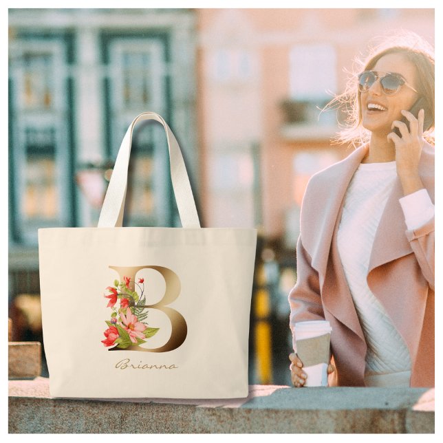 Letter B Elegant Floral Gold Monogram Large Tote Bag (Creator Uploaded)
