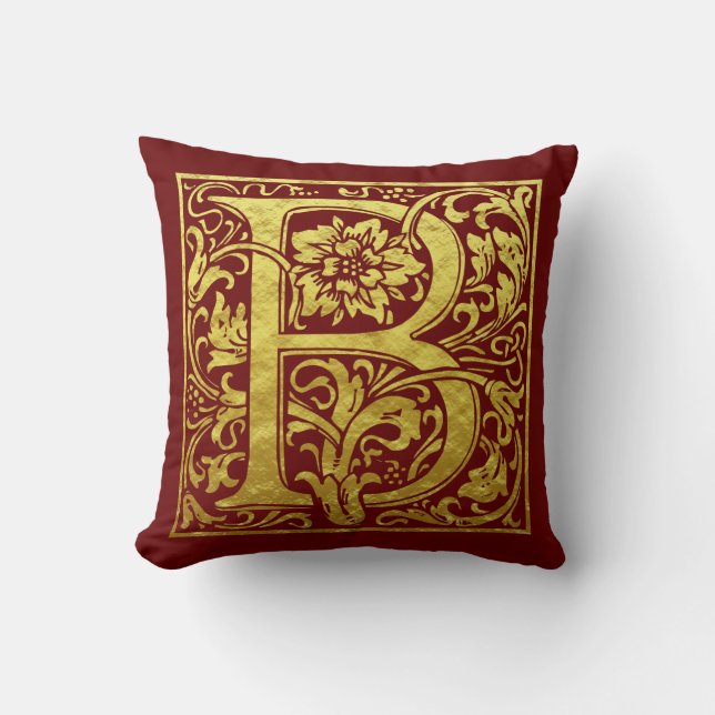 Letter B First Letter Faux Gold and Red Throw Pillow (Front)