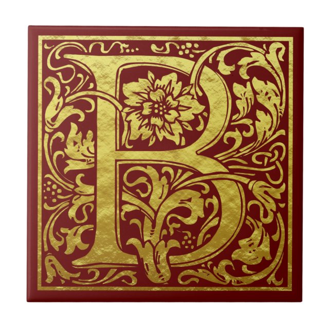 Letter B First Letter Faux Gold Red Ceramic Tile (Front)