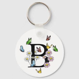 Letter B Floral Butterfly Monogram Initial Keychain