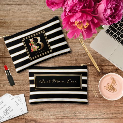 Letter B Floral Monogram Black White Gold Stripes Accessory Pouch