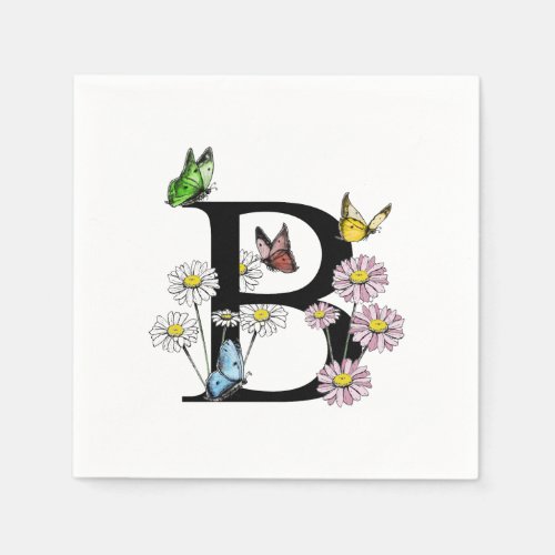   Letter B  Floral Watercolor Butterfly Monogram  Napkins