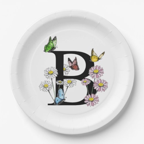   Letter B  Floral Watercolor Butterfly Monogram  Paper Plates
