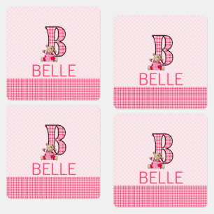 Letter B for Bear Pink Checks Monogrammed Kids' Labels