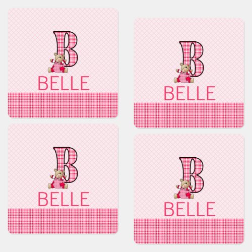 Letter B for Bear Pink Checks Monogrammed Kids Labels