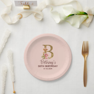Letter B Gold Monogram Blush Pink Roses Paper Plates