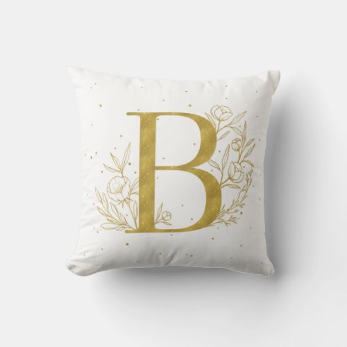 Letter B Gold Monogram Botanical Illustration Throw Pillow