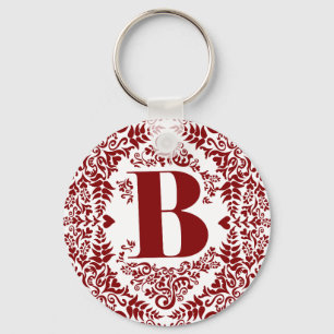 Letter B in Unique Modern Red Heart Floral Border  Keychain