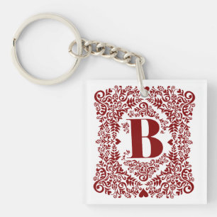 Letter B in Unique Modern Red Heart Floral Border  Keychain