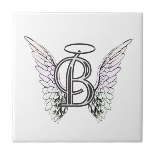 Letter B Initial Monogram with Angel Wings  Halo Ceramic Tile