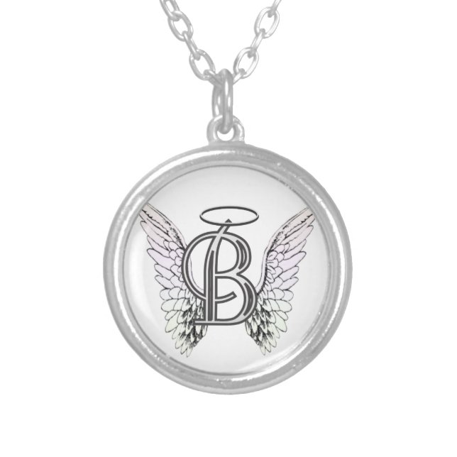 Letter B Initial Monogram with Angel Wings & Halo Silver Plated Necklace (Front)